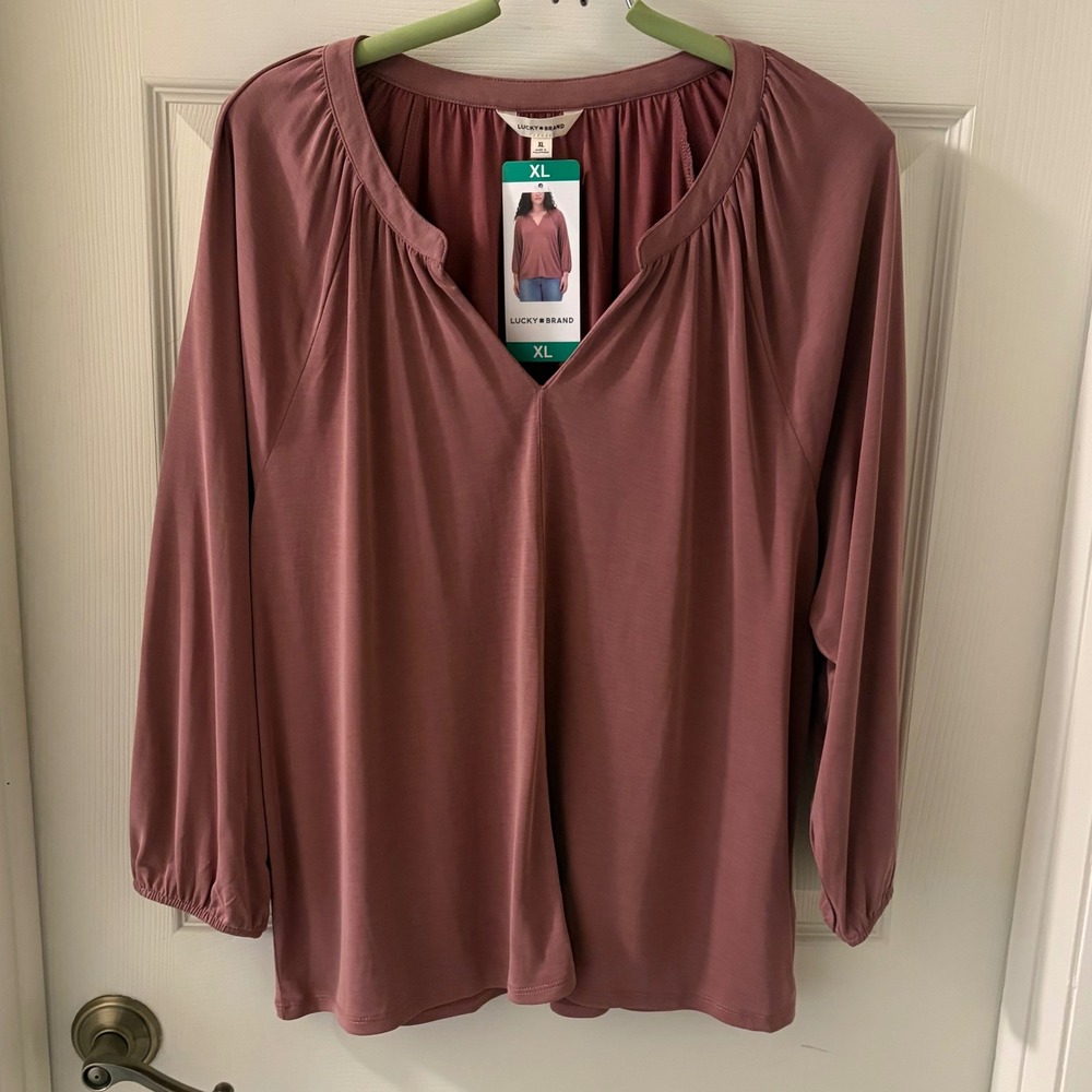 Lucky Brand Womens XL Dusty Rose Split Neck Blouse Gathered Sleeve Top NWT